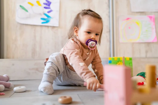 One Baby Small Caucasian Infant Girl Playing Floor Home Copy — Stock Photo, Image