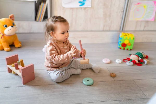 One Baby Small Caucasian Infant Girl Playing Floor Home Copy — Stock Photo, Image