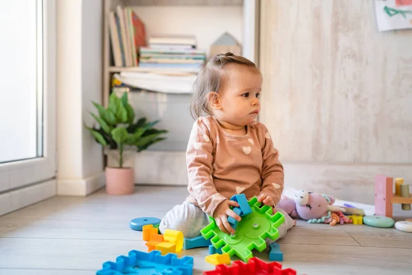 One Baby Small Caucasian Infant Girl Playing Floor Home Copy — Stock Photo, Image