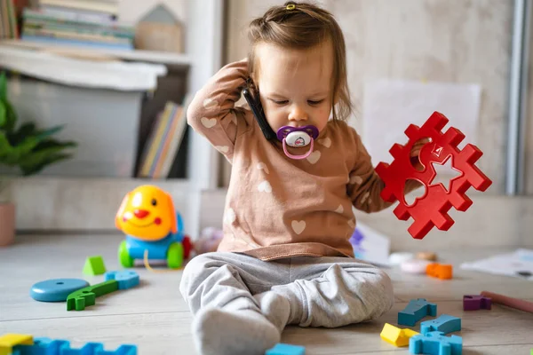 One Baby Small Caucasian Infant Girl Playing Floor Home Copy — Stock Photo, Image