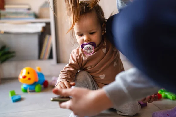 One Baby Small Caucasian Infant Girl Playing Floor Home Copy — Stock Photo, Image