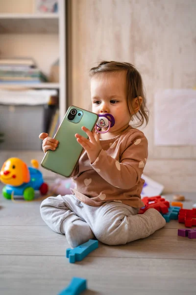 One Baby Small Caucasian Infant Girl Playing Floor Home Copy — Stock Photo, Image