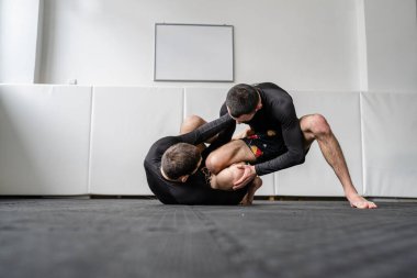 two men brazilian jiu jitsu bjj grappling drill technique or sparring at training at gym academy guard position martial arts copy space