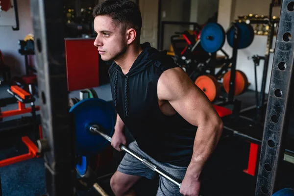 Spor Salonunda Halter Plakalarla Ağırlık Kaldıran Yetişkin Erkek Amatör Vücut — Stok fotoğraf