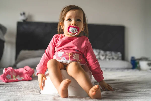 One Small Caucasian Baby Girl Ten Months Sitting Children Potty — Stock Photo, Image