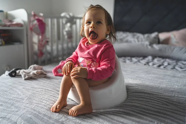 One Small Caucasian Baby Girl Ten Months Sitting Children Potty — Stock Photo, Image