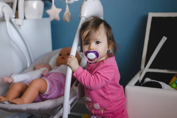 One Small Caucasian Baby Girl Ten Months Old Playing Alone — Stock Photo, Image