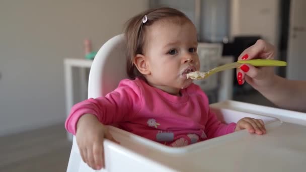 먹이는 의자에 코카서스 소녀와 사람들 숟가락을 엄마는 아기가 분홍색 영양이라는 — 비디오