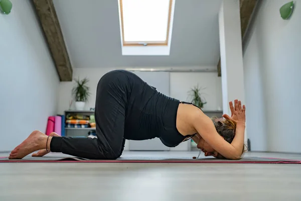 Een Vrouw Zwanger Vrouwelijke Praktijk Stretching Studio Thuis Yoga Fitness — Stockfoto