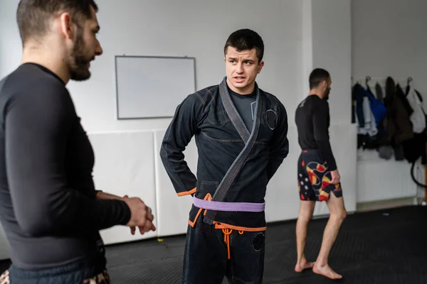 Brazilian Jiu Jitsu Class Academy Male Athletes Preparing Training Bjj —  Fotos de Stock