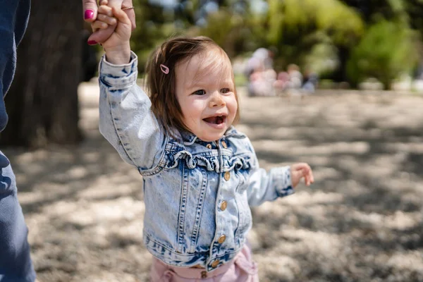 One Baby Small Caucasian Child Little Girl Park Her Mother — Photo