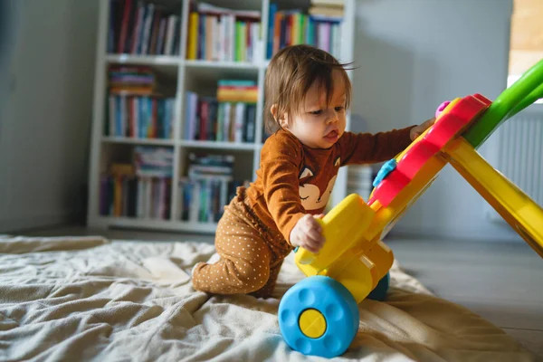 One Small Caucasian Baby Six Seven Months Old Playing Toy — Stock Photo, Image