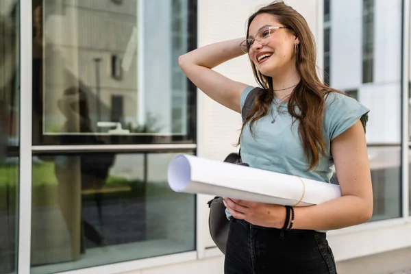 One Woman Young Adult Caucasian Female Student Standing Front University — Foto de Stock