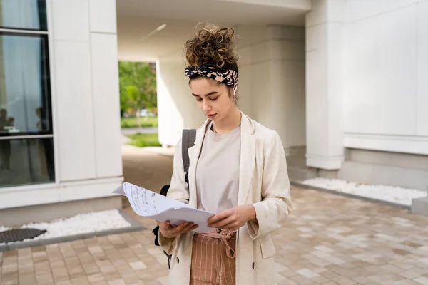 One Young Woman Female Businessman Student Checking Documents Front Modern — Foto de Stock