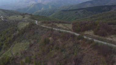 Sırbistan 'ın Knjazevac yakınlarındaki eski dağ starı planinasındaki tarlalar ve ağaçlardan geçen sonbahar veya kış günlerinde seyahat ve turizm taşımacılığı konsepti otomobili izledi.
