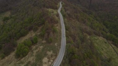 Sırbistan 'ın Knjazevac yakınlarındaki eski dağ starı planinasındaki tarlalar ve ağaçlardan geçen sonbahar veya kış günlerinde seyahat ve turizm taşımacılığı konsepti otomobili izledi.
