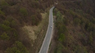 Sırbistan 'ın Knjazevac yakınlarındaki eski dağ starı planinasındaki tarlalar ve ağaçlardan geçen sonbahar veya kış günlerinde seyahat ve turizm taşımacılığı konsepti otomobili izledi.