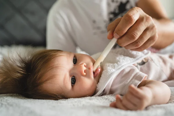 Close Small Caucasian Baby Four Months Old Hand Unknown Father — Stock Photo, Image