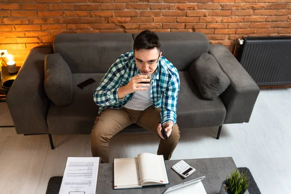 One Man Young Adult Caucasian Male Sitting Couch Sofa Bed — Fotografia de Stock