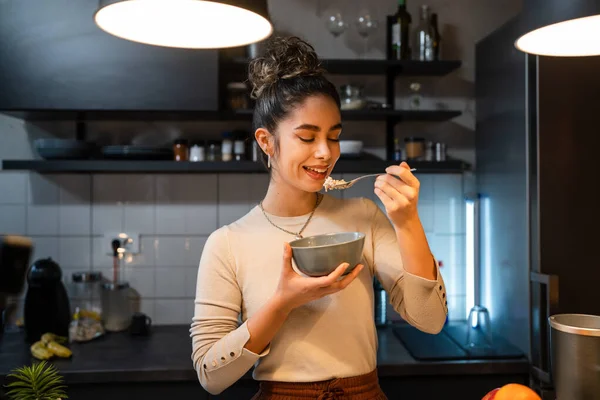 One Young Caucasian Woman Having Breakfast Kitchen Home Female Adult — Photo