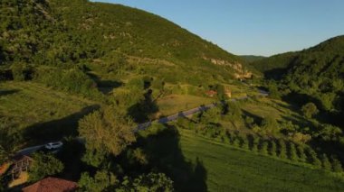 Sırbistan 'ın Knjazevac yakınlarındaki güneşli günbatımında tarlalar ve ağaçların arasından arabayla seyahat ve turizm taşımacılığı kavramını takip eden İHA' nın yol manzarası