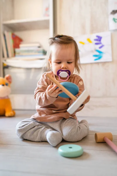 One Baby Small Caucasian Infant Girl Playing Floor Home Copy — Stock Photo, Image