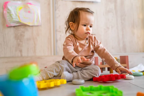 One Baby Small Caucasian Infant Girl Playing Floor Home Copy — Stock Photo, Image