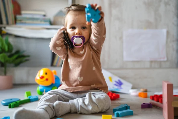 One Baby Small Caucasian Infant Girl Playing Floor Home Copy — Stock Photo, Image