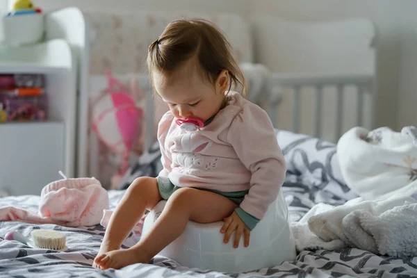 One Small Caucasian Baby Girl One Year Old Sitting Children — Stock Photo, Image