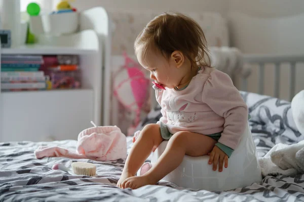 One Small Caucasian Baby Girl One Year Old Sitting Children — Stock Photo, Image