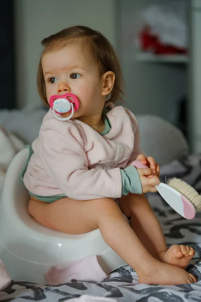 One Small Caucasian Baby Girl One Year Old Sitting Children — Stock Photo, Image