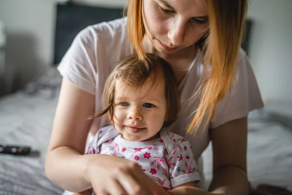 One Small Caucasian Girl Toddler Sitting Bed Home While Her — Stock Photo, Image