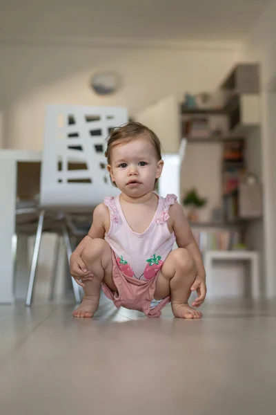 One Toddler Squatting Playing Home Living Room Front View Early — Stock Photo, Image