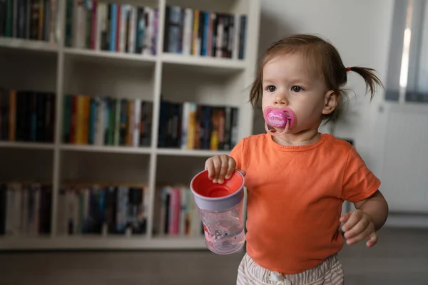 Small Caucasian Girl Little Toddler Nipple Pacifier Her Mouth Bottle — Stock Photo, Image