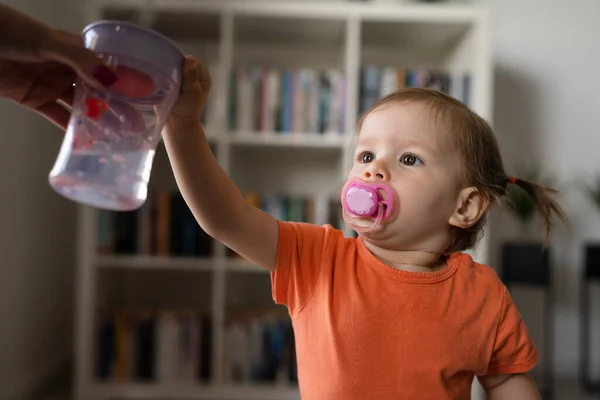 Small Caucasian Girl Little Toddler Nipple Pacifier Her Mouth Bottle — Stock Photo, Image