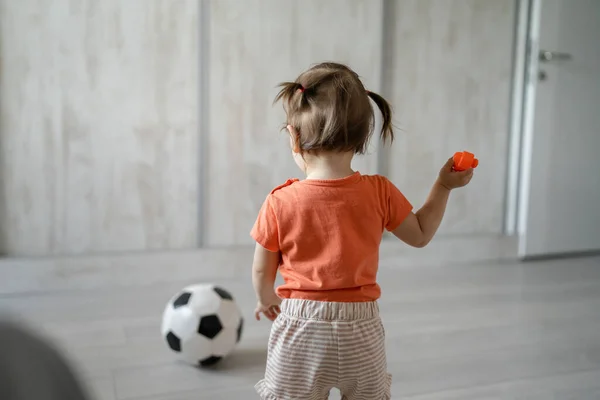 Back View One Girl Small Caucasian Toddler Daughter Wearing Orange — ストック写真