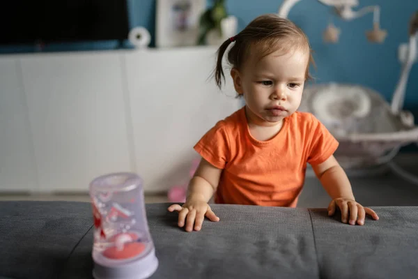 One Girl Small Caucasian Toddler Baby Playing Sofa Bed Home — Stock Photo, Image