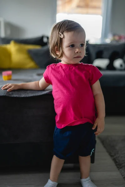 One Girl Small Caucasian Toddler Standing Sofa Bed Home Room — Stock Photo, Image