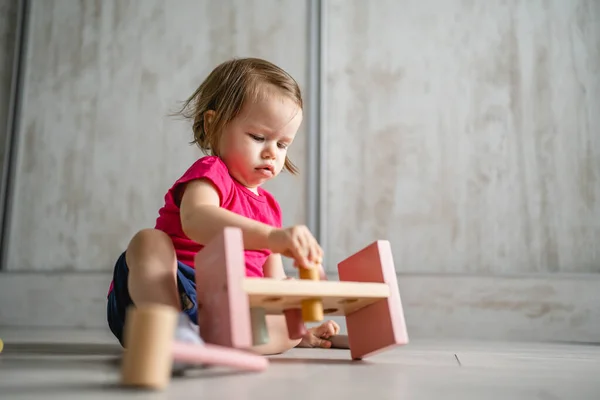 One Child Small Caucasian Girl Little Toddler Playing Educational Toys — Stock Photo, Image