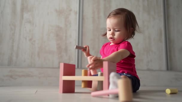 One Child Small Caucasian Girl Little Toddler Playing Educational Toys — Stock video
