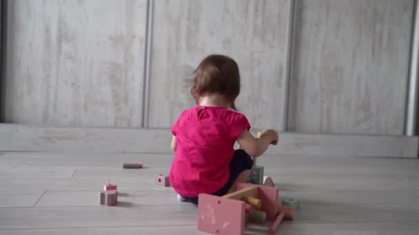 One Child Small Caucasian Girl Little Toddler Playing Educational Toys — Wideo stockowe