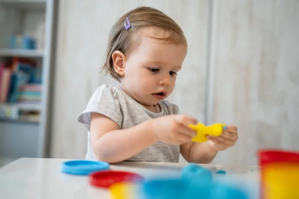 One Girl Small Caucasian Toddler Child Playing Colorful Plasticine Table — Stock Photo, Image