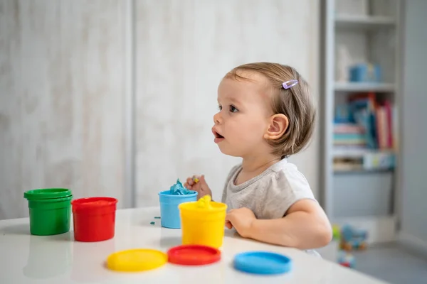 One Girl Small Caucasian Toddler Child Playing Colorful Plasticine Table — Stock Photo, Image