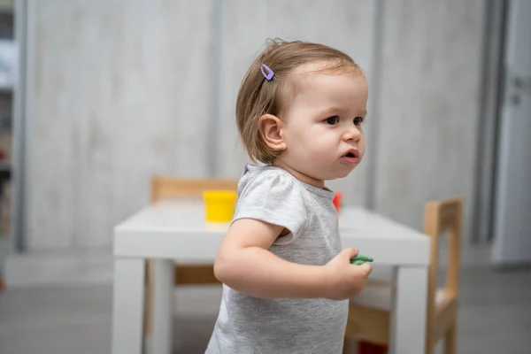 One Small Caucasian Girl Little Female Toddler Playing Home Room — Stock Photo, Image