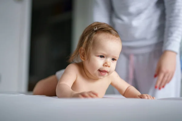 One Caucasian Baby Sitting Bed Bright Room Day While Her — Stock Photo, Image