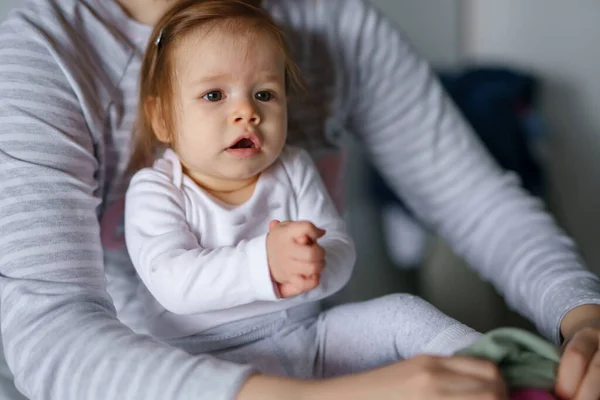 One Caucasian Baby Sitting Bed Bright Room Day While Her — Stock Photo, Image