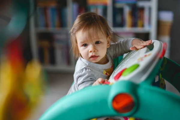 One Girl Small Caucasian Baby Child Playing Home Room Copy — Stock Photo, Image