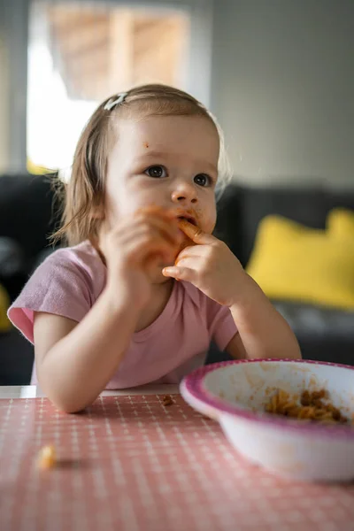 One Girl Small Caucasian Toddler Female Child Daughter Eating Alone — ストック写真
