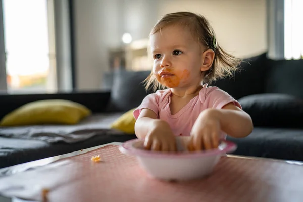 One Girl Small Caucasian Toddler Female Child Daughter Eating Alone — Stockfoto