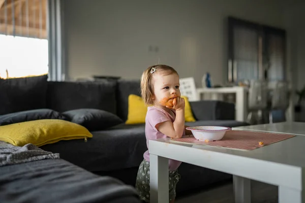 One Girl Small Caucasian Toddler Female Child Daughter Eating Alone — Stock Photo, Image